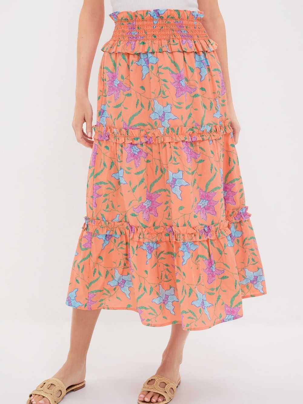 Hyacinth House X Tuckernuck Orange Multi Floral Smocked Odette Midi Skirt - M